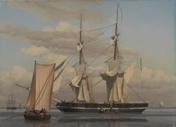 Um brigue naval americano deitado na âncora enquanto suas velas estão secando