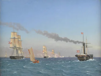 Christian VIII a bordo de seu navio a vapor "Ægir" observando as manobras de um esquadrão perto de Copenhague