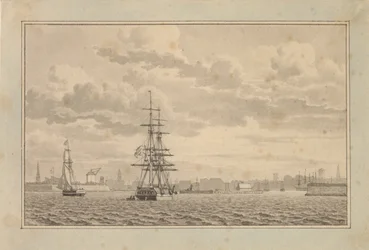 Copenhaga vista de Yderhavnen com um brigue ancorado e uma chalupa à vela.