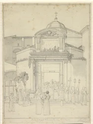 A igreja fica. Cosmos e Sta. Damians (Romolus e Remus Temple) com monges em procissão saindo da porta da igreja.