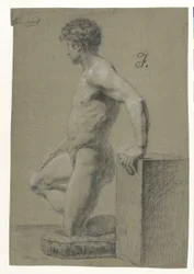 Figura modelo masculina ajoelhada, perfil esquerdo