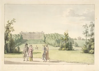 Perspectiva do jardim Frederiksberg pelo castelo e o Templo de Apis