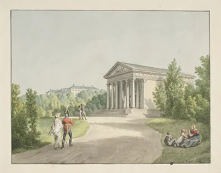 Perspectiva do jardim Frederiksberg pelo castelo e o Templo de Apis