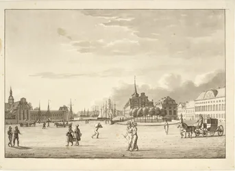 A Praça do Castelo em Copenhague com a Igreja de Holmen, Børsen, o banco agora desaparecido e o edifício da chancelaria ("O Edifício Vermelho")