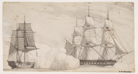 Dois navios de guerra em batalha (a fragata inglesa Shannon e a fragata americana Chesapeak?)