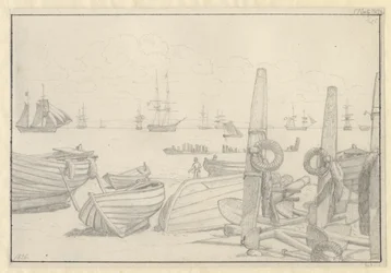 Vista da praia ao sul de Helsingør em direção ao navio de guarda, o brigue "Falster".