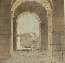 Vista para o norte através de um dos arcos do segundo andar do Coliseu em Roma