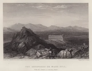 O Areópago ou Monte de Marte, com o Templo de Theseus Atenas (cor litho)