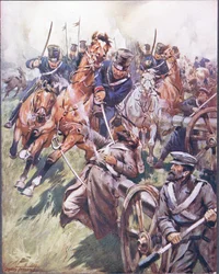 Cossaco e bobina russa do golpe do sabre, ilustração de "Baladas de Lutas Famosas", c.1900 (cor litho)
