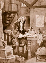 Sir Isaac Newton no seu pequeno quarto (litho)