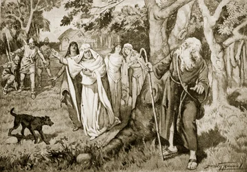 O encontro de Kenneth e Fenella, 993, ilustração de «A História da Nação Britânica de Hutchinson», cerca de 1920