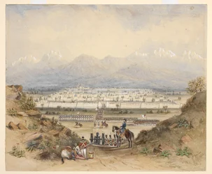 Um general revisando a cavalaria e a infantaria, que estão prestes a entrar em uma cidade murada em uma região montanhosa, talvez Kandahar (N.W.F.P.). 1843, depois de um esboço anterior.