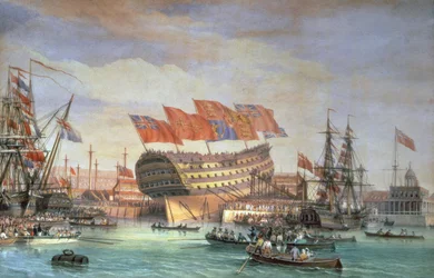 O lançamento do HMS "Trafalgar" em Chatham, julho de 1820