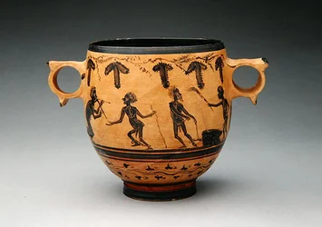 Skyphos com cenas de paródia, c.430-410 BC (cerâmica) (ver também 288251)
