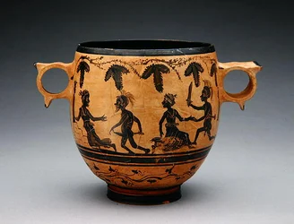 Skyphos com cenas de paródia, c.430-410 BC (cerâmica) (ver também 307555)