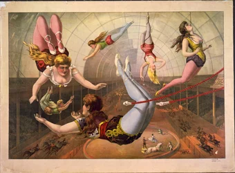 Acrobatas femininas em trapézios no circo, c. 1890