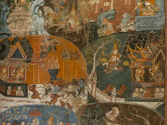 As últimas dez vidas anteriores do Boudha (Dasa Jakata) (detalhe). Camboja, segunda metade do século XVIII. Tinta