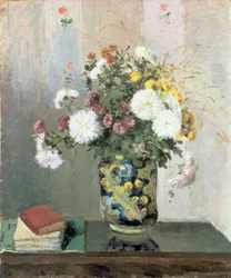 Buquê de flores, crisântemos em um vaso chinês