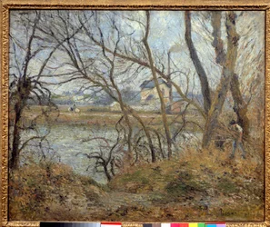 Bancos do Oise, perto de Pontoise, tempo cinzento. Pintura de Camille Pissarro (1830-1903)