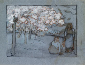 Estudo composicional de duas camponesas conversando em um pomar, c1894