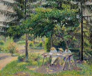 Crianças às mesas no jardim de Eragny - Pintura de Camille Pissaro (1830-1903), óleo sobre tela (58x71 cm)