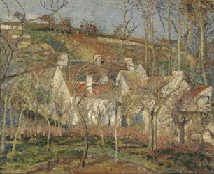 Telhados vermelhos, canto da aldeia, efeito de inverno