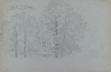 Estudo de árvores, com um ligeiro estudo de uma barcaça, 1859