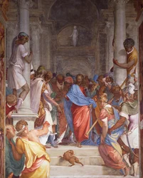 Adúltera diante de Cristo, fresco de Camillo Boccaccino (1501-1546) no presbitério da Igreja de San Sigismondo, Cremona, Itália