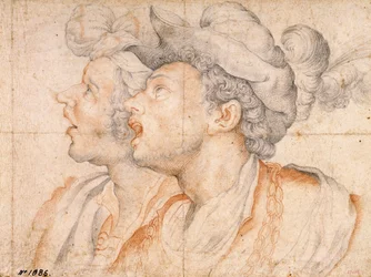 Duas Cabeças de Jovens - Obra de Camillo Procaccini (1561-1629), giz vermelho e giz sobre papel (20x27,2 cm), cerca de 1590 - Duas cabeças de jovens, giz vermelho e giz sobre papel de Camillo Procaccini, ca 1590 - Museu Nacional de Arte da Catalunha, Barce