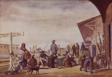 Imigrantes numa estação de caminho de ferro, Toronto (litografia a cores)