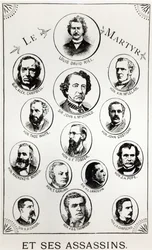 Louis Riel (1844-85) e seus assassinos, ilustração de Le Gibet de Regina, publicado em 1886