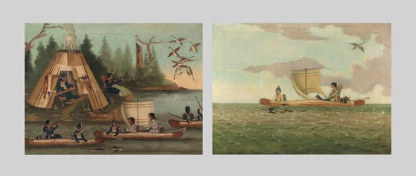 Acampamento indígena Mi&39;qmak em uma baía com Mi&39;qmaks atirando em gansos canadenses; e índios Mi&39;qmak caçando gansos do Canadá, início do século 19 (óleo sobre tela)