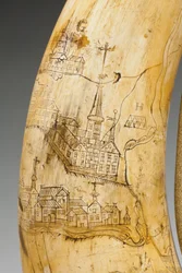 Chifre de pólvora, gravado com um mapa do Rio São Lourenço na área de Quebec, c.1759