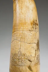 Chifre de pólvora, gravado com um mapa do Rio São Lourenço na área de Quebec, c.1759 (chifre) (ver também 997377-79)
