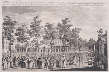 Vista, de, a, rotunda, Ranelagh, casa, em, um, bola, comemorar, a, aniversário, de, HRH, a, príncipe gales, 24 de maio, 1751, gravado, por, Parr