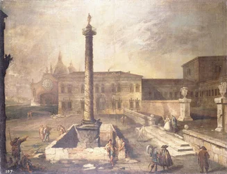 Um capricho de uma praça em frente a um palácio com a coluna de Marco Aurélio,