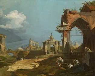 Canaletto - Vista de um Capriccio com um arco ogival 1742-44