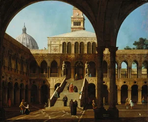 Canaletto - Capriccio Vista do pátio do Palazzo Ducale com a Scala dei Giganti Assinado e datado de 1744