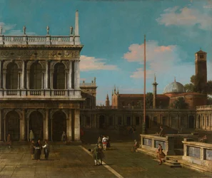 Canaletto - Capriccio Vista da Piazzetta com a Libreria Assinado e datado de 1744