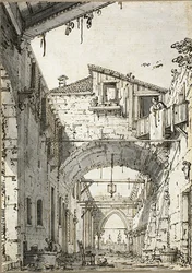 Capriccio: A Street Crossed by Arches (reto) Esboços da Porta, Escadaria e Segundo Andar do Edifício (verso)