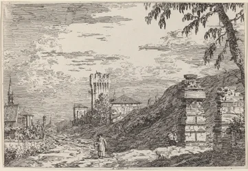 Paisagem com torre e dois pilares em ruínas