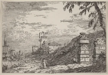 Paisagem com torre e duas colunas em ruínas