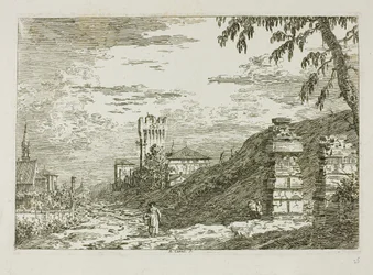 Paisagem com torre e dois pilares em ruínas, de Vedute