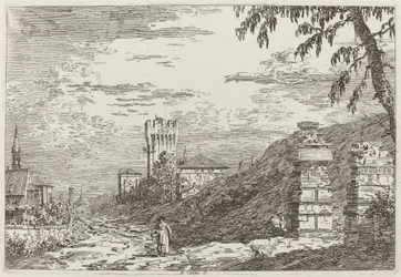 Paisagem com torre e dois pilares em ruínas [esquerda]
