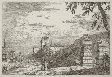 Paisagem com torre e duas colunas em ruínas [à esquerda]