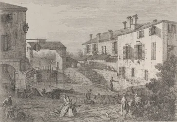 As portas de Dolo: a bacia oval das eclusas em Dolo, com uma barcaça amarrada ao cais..., 1735-46.