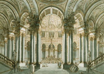 O interior de uma igreja, com figuras em oração,