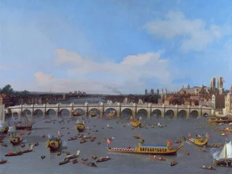 Westminster Bridge, com a procissão do lorde prefeito no Tamisa