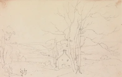 Esboço de uma grande árvore e de uma casa de campo