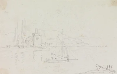 Esboço de um barco à vela e de um edifício em terra